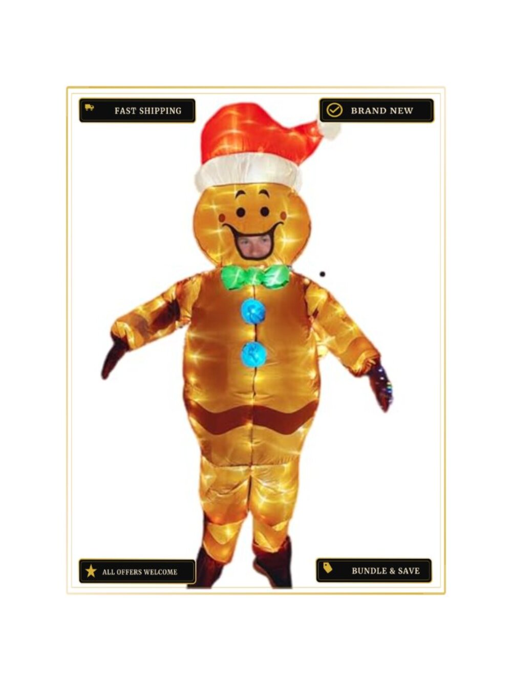Inflatable Gingerbread Man Costume LED Lights Adult Unisex Christmas Party